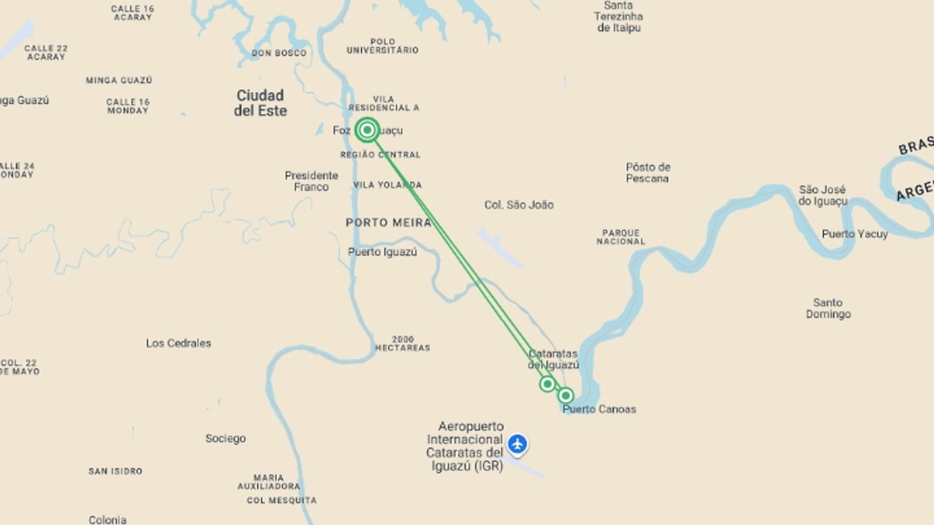 A map showing the tour itinerary for the trip: Iguazu Falls Independent Short Break, starting in Foz Do Iguacu, Brazil and ending in Foz Do Iguacu, Brazil going through 3 other destinations.