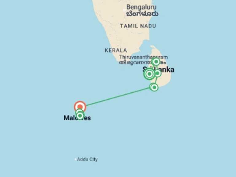 Map of Asia Tour with 10 destination visits for the trip: Highlights of Sri Lanka + Maldive Dhoni Cruise
