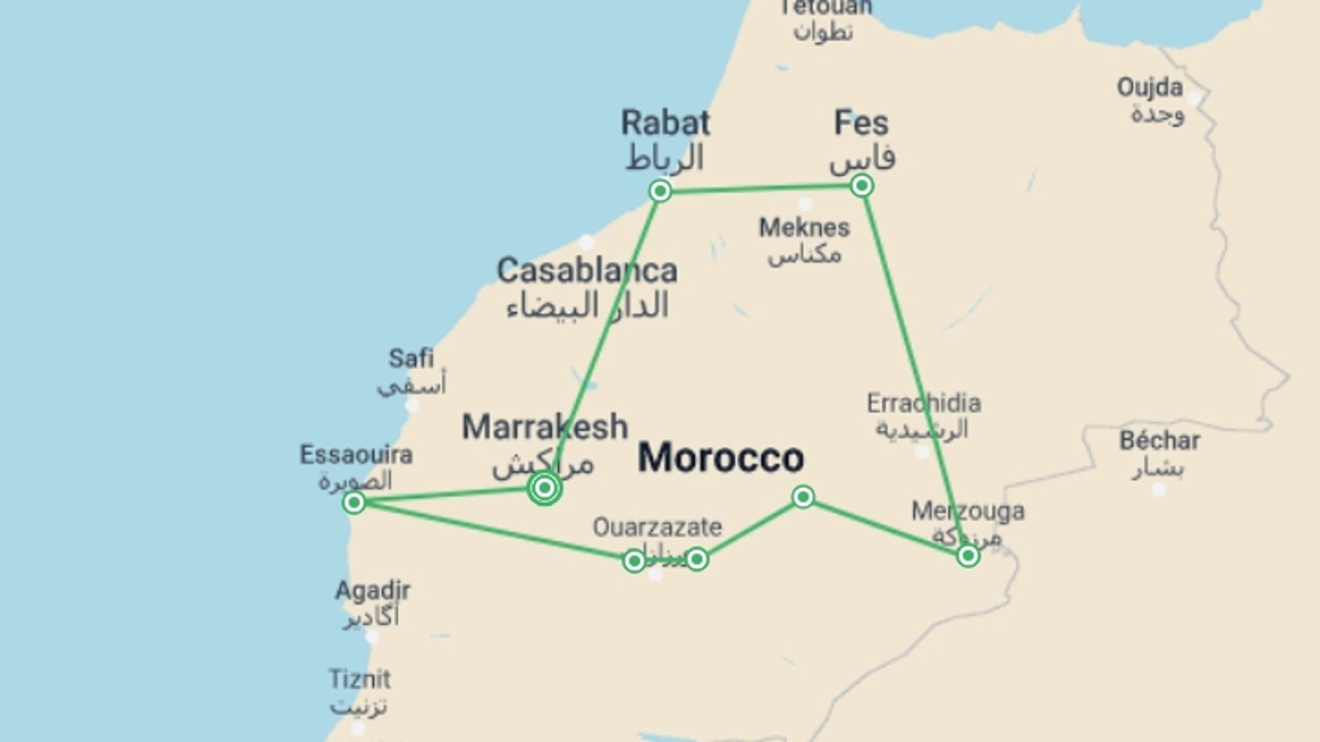A map showing the tour itinerary for the trip: Highlights of Morocco - In Comfort, starting in Marrakech, Morocco and ending in Marrakech, Morocco going through 8 other destinations.