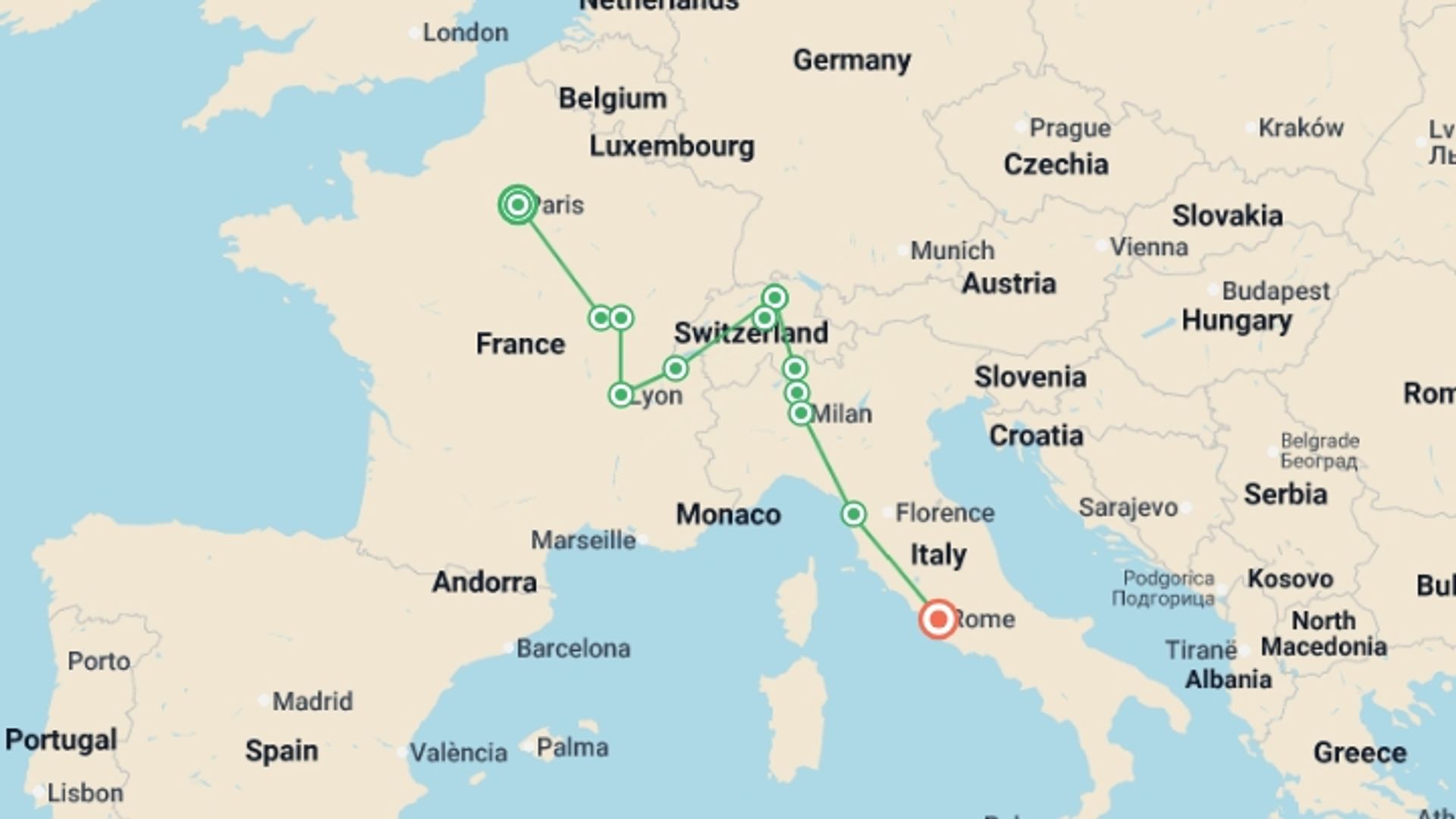 A map showing the tour itinerary for the trip: Joyful Treasures, starting in Paris, France and ending in Rome, Italy going through 3 other destinations.