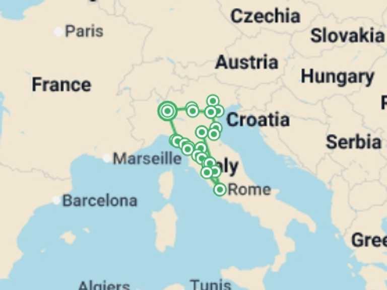 Map of Milan City sightseeing Tour with 8 destination visits for the trip: Northern Italy Discovery - 13 days