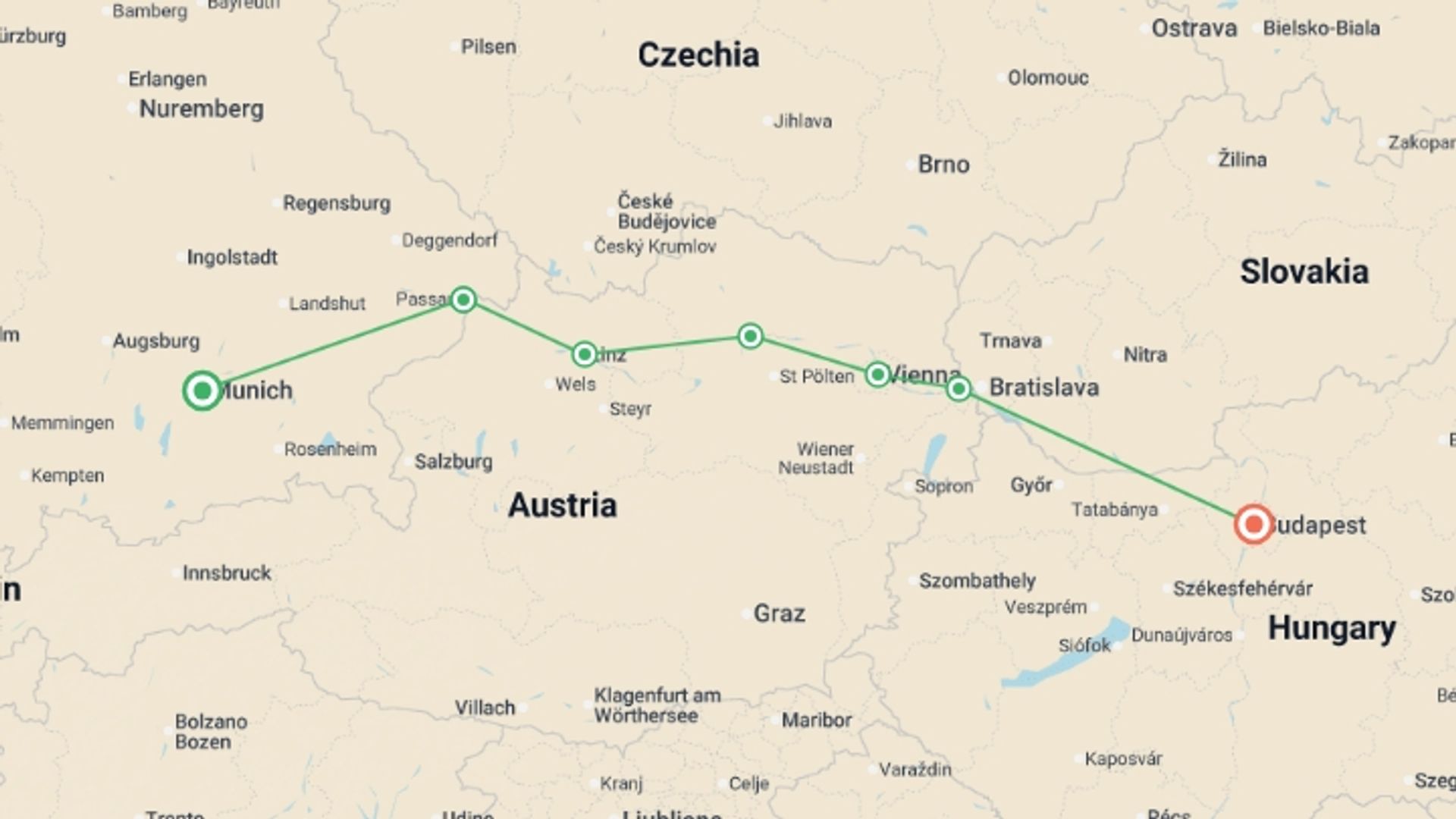A map showing the tour itinerary for the trip: Danube Holiday Markets (2027), starting in Munich, Germany and ending in Budapest, Hungary going through 5 other destinations.