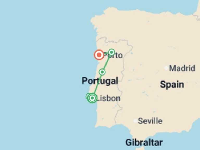 Map itinerary of Lisbon Tour in August 2026 with 5 destination visits for the trip: Highlights of Portugal