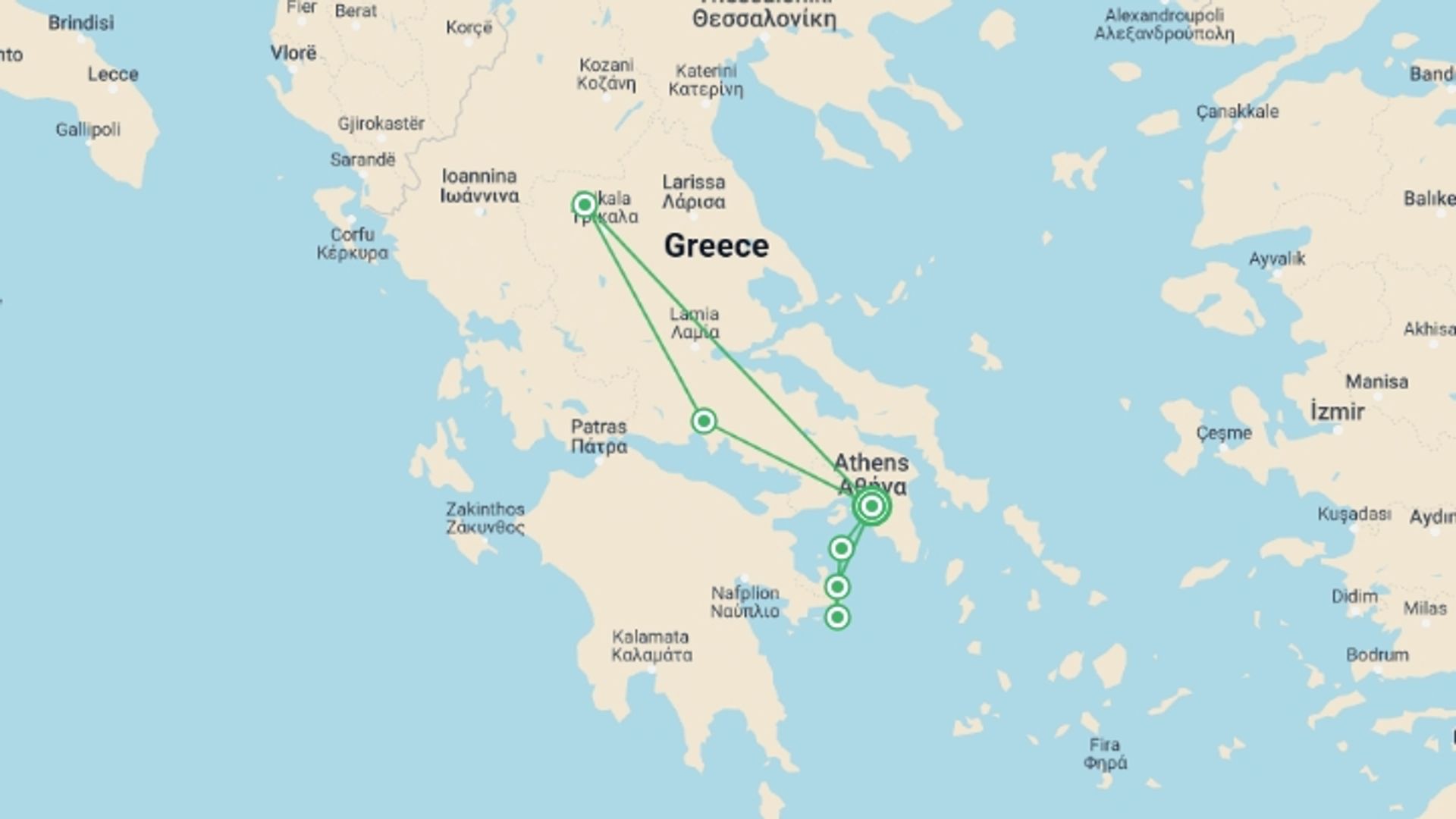A map showing the tour itinerary for the trip: Dreaming Of Classical Greece, Spanish-speaking Guide, starting in Athens, Greece and ending in Athens, Greece going through 1 other destinations.