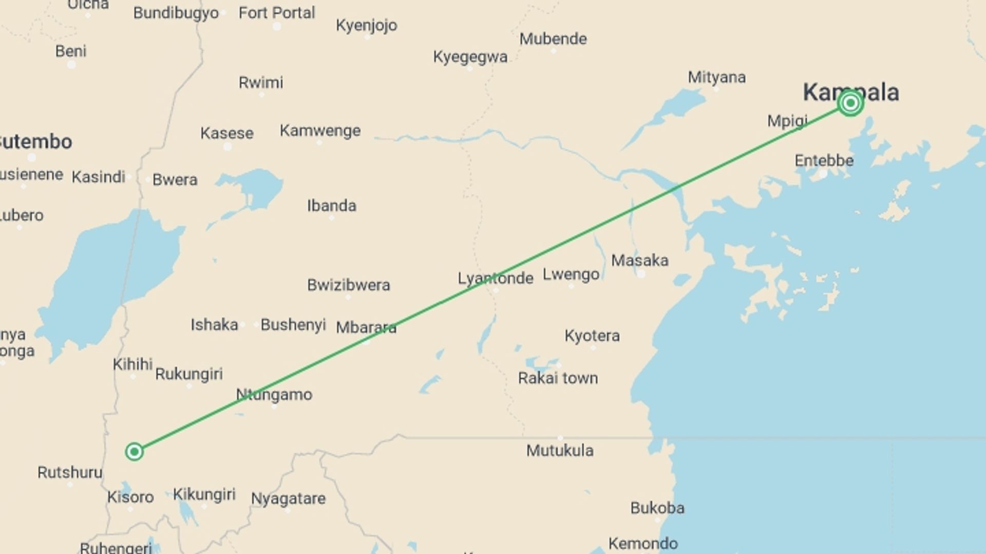 A map showing the tour itinerary for the trip: Gorilla Trekking In Uganda, starting in Kampala, Uganda and ending in Kampala, Uganda going through 1 other destinations.