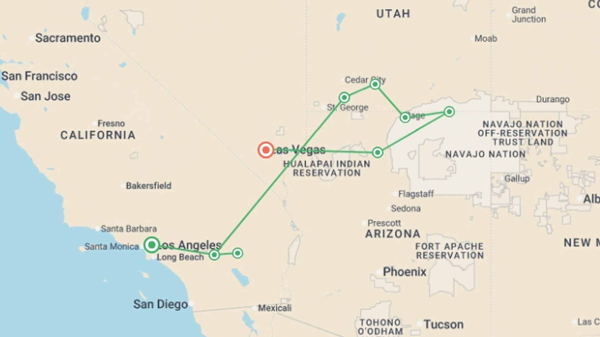 A map showing the tour itinerary for the trip: Road Trippin’ American West, starting in Los Angeles, USA and ending in Las Vegas, USA going through 5 other destinations.