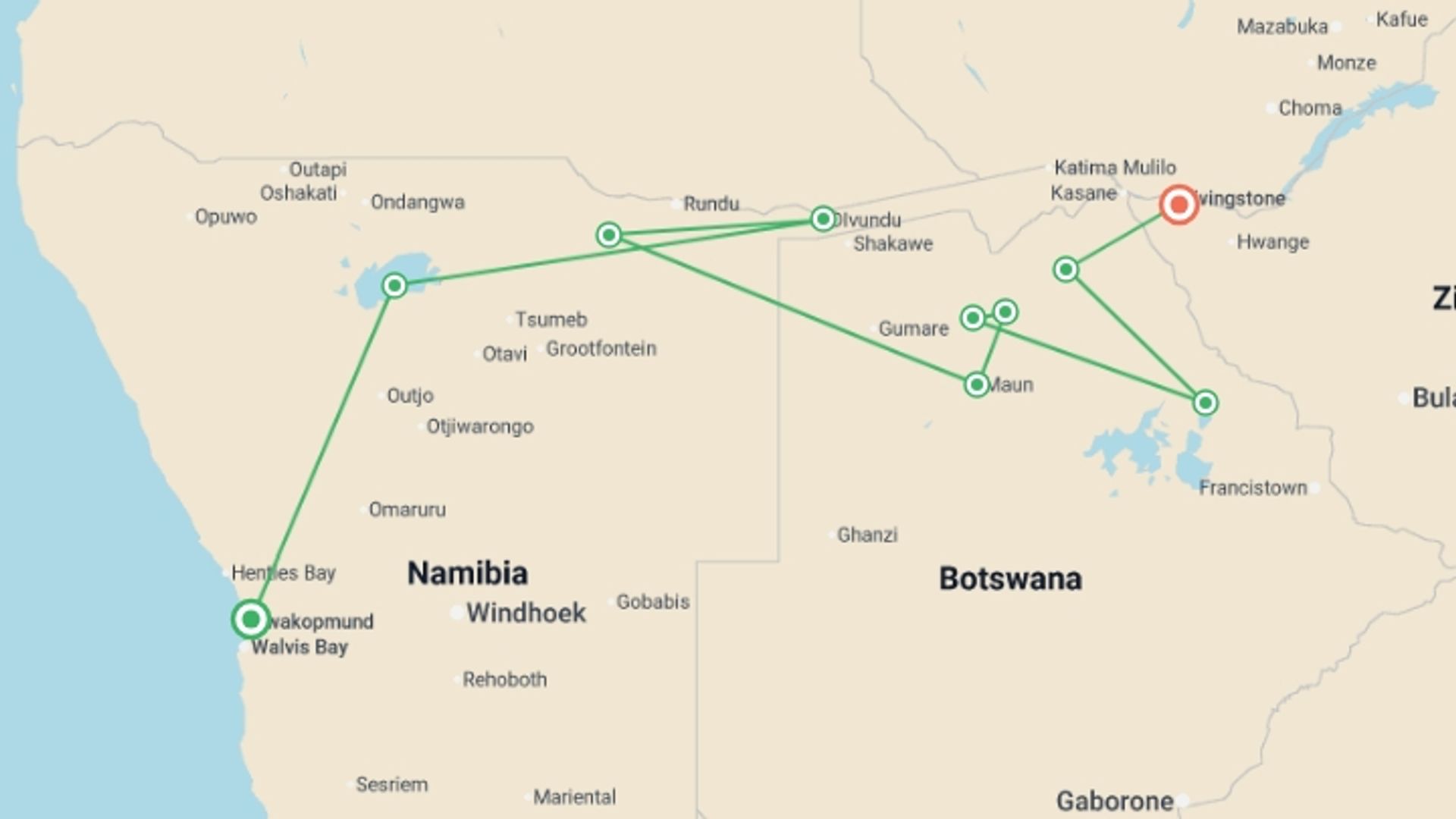 A map showing the tour itinerary for the trip: Namibia & Botswana Uncovered - 2026, starting in Swakopmund, Namibia and ending in Victoria Falls, Zimbabwe going through 10 other destinations.