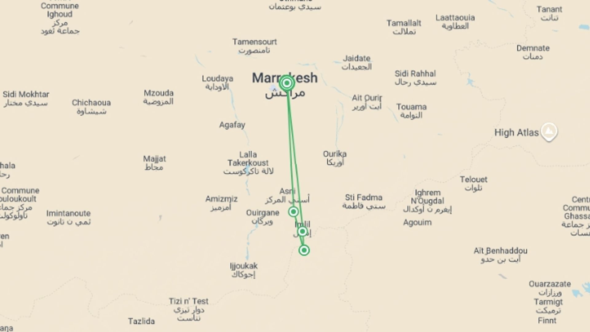 A map showing the tour itinerary for the trip: Climb Morocco's Mt Toubkal, starting in Marrakech, Morocco and ending in Marrakech, Morocco going through 3 other destinations.