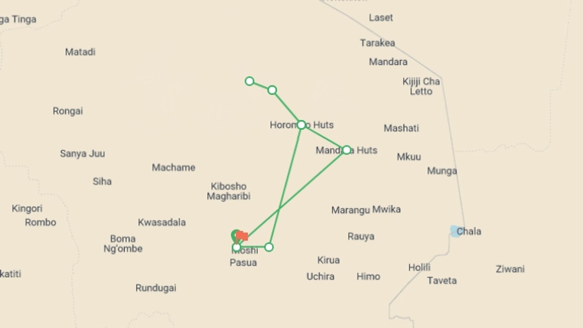 A map showing the tour itinerary for the trip: Kilimanjaro - Marangu Route - Private Trip, starting in Moshi, Tanzania and ending in Moshi, Tanzania going through 6 other destinations.
