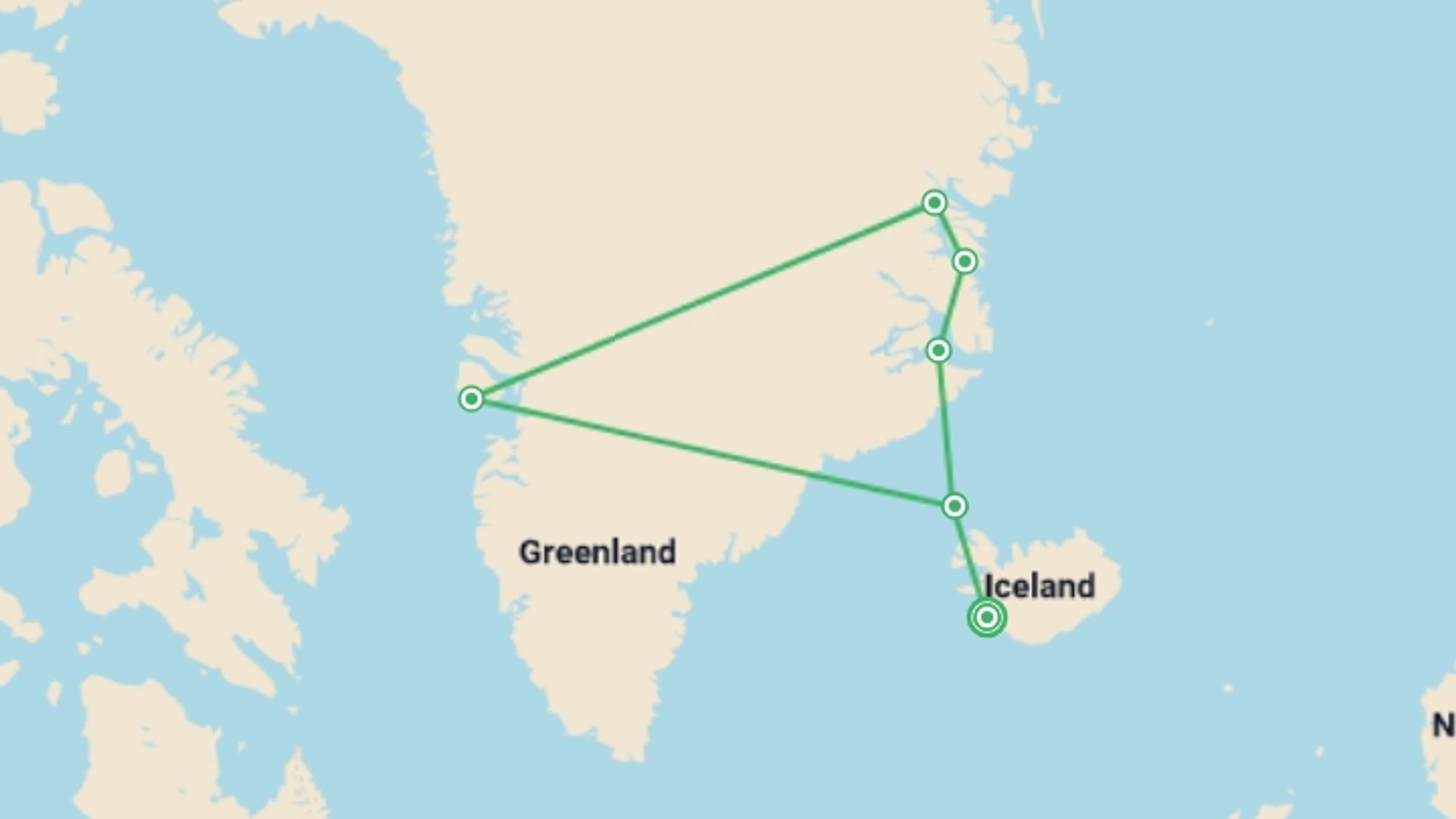 A map showing the tour itinerary for the trip: Iceland to Greenland: Total Solar Eclipse (Ultramarine), starting in Reykjavik, Iceland and ending in Reykjavik, Iceland going through 2 other destinations.