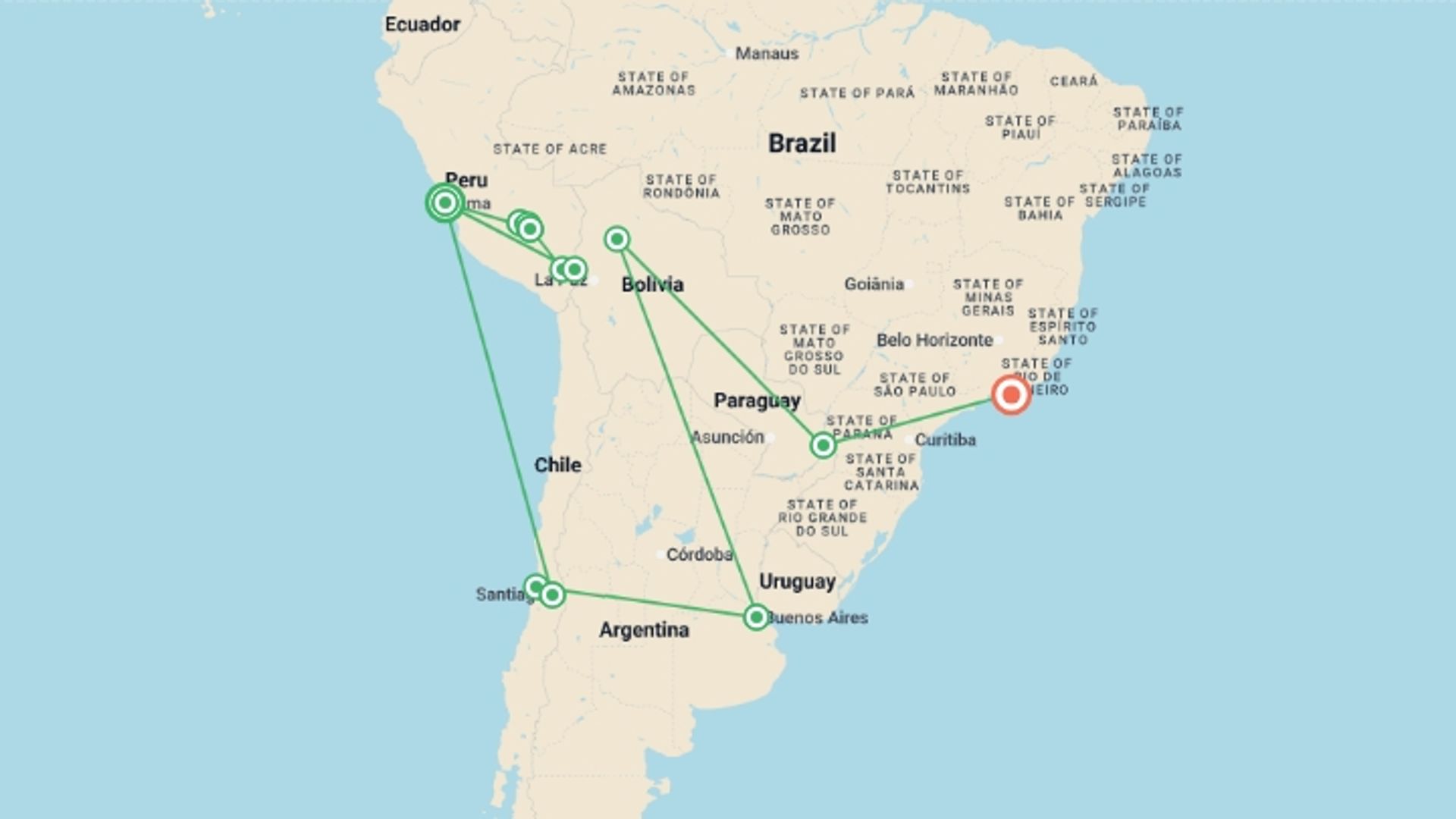 A map showing the tour itinerary for the trip: Grand South America, starting in Lima, Peru and ending in Rio de Janeiro, Brazil going through 11 other destinations.