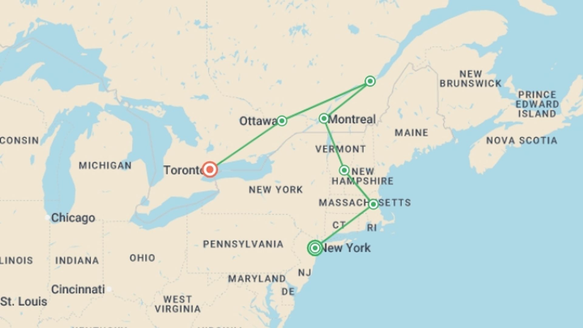 A map showing the tour itinerary for the trip: East Coast Essential End Toronto, starting in New York, USA and ending in Toronto, Canada going through 4 other destinations.