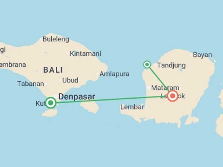 Map itinerary of South East Asia Tour in Fall with 3 destination visits for the trip: Secrets of Lombok - 5 days