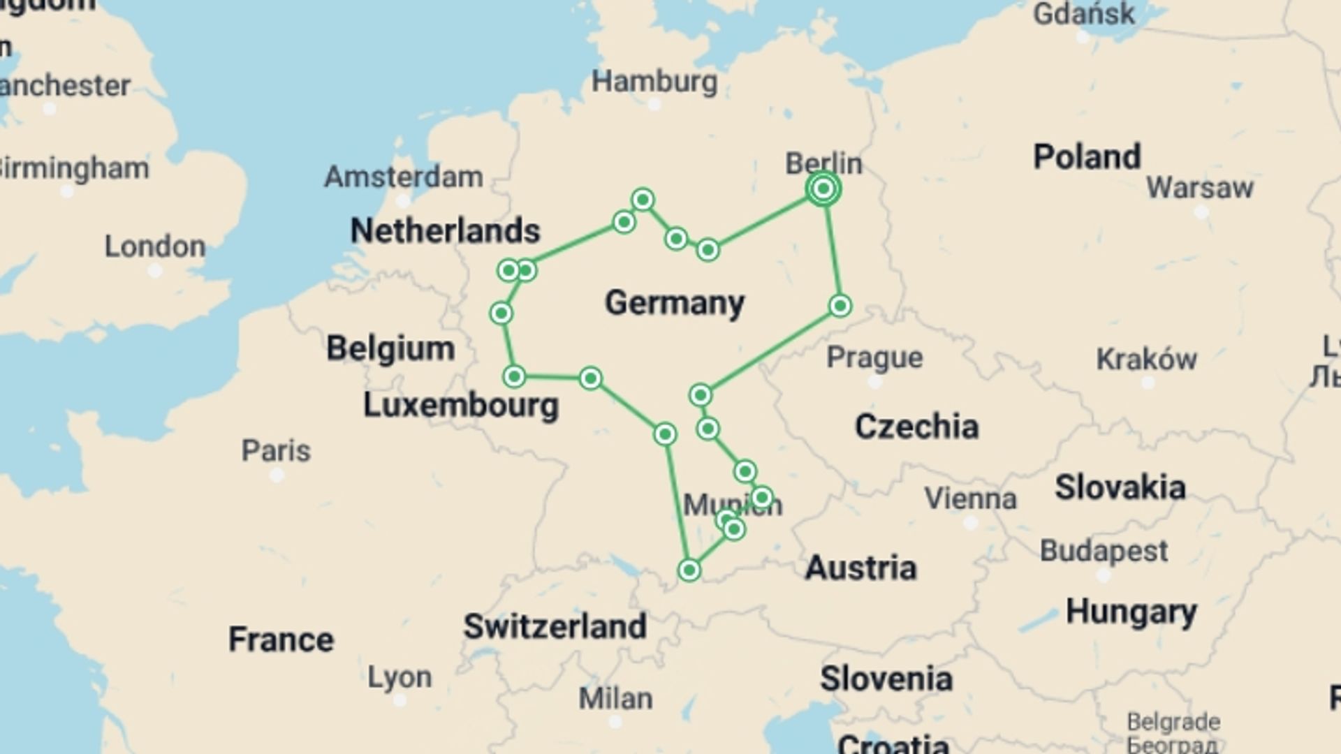 A map showing the tour itinerary for the trip: Best of Germany, starting in Berlin, Germany and ending in Berlin, Germany going through 6 other destinations.
