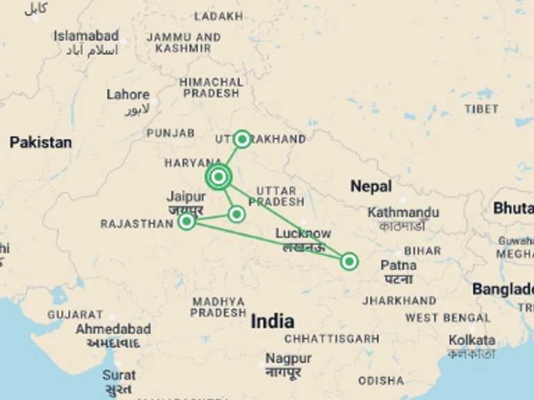 Map itinerary of India Tour in November 2026 with 6 destination visits for the trip: North India With Yoga in Rishikesh