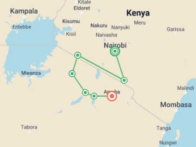 Map of Nairobi Adventure Tour with 9 destination visits for the trip: Best of East Africa Wildlife & Safaris