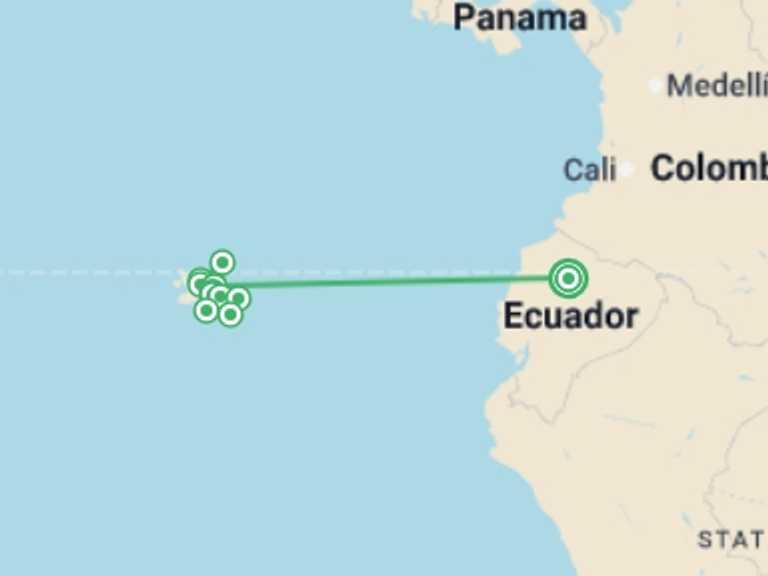 Map itinerary of Quito Tour in August 2026 with 8 destination visits for the trip: Complete Galapagos (Grand Daphne)