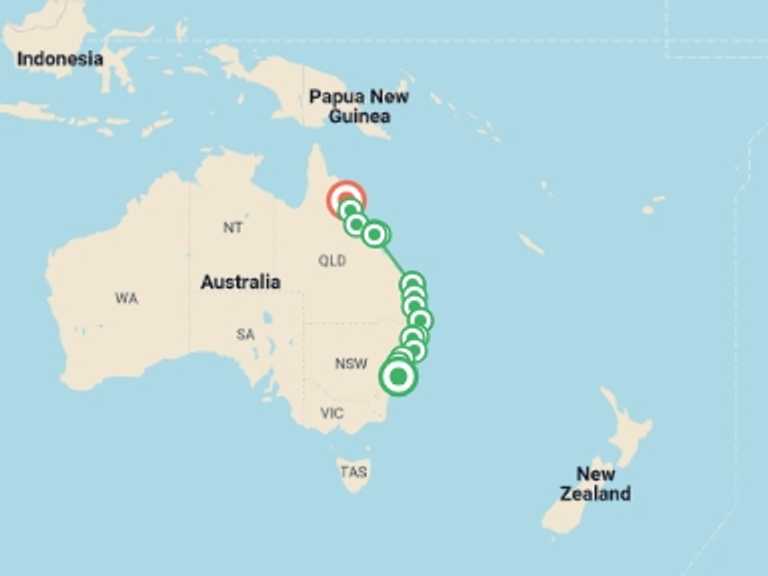 Map of Oceania Tour with 11 destination visits for the trip: Sydney to Cairns Adventure