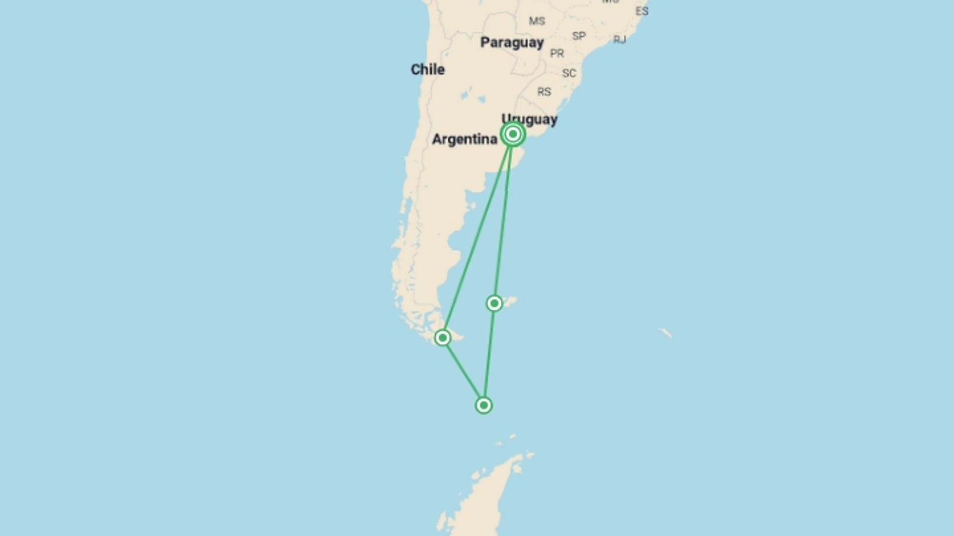 A map showing the tour itinerary for the trip: Emperor Penguin Quest: Expedition to Snow Hill, starting in Buenos Aires, Argentina and ending in Buenos Aires, Argentina going through 3 other destinations.
