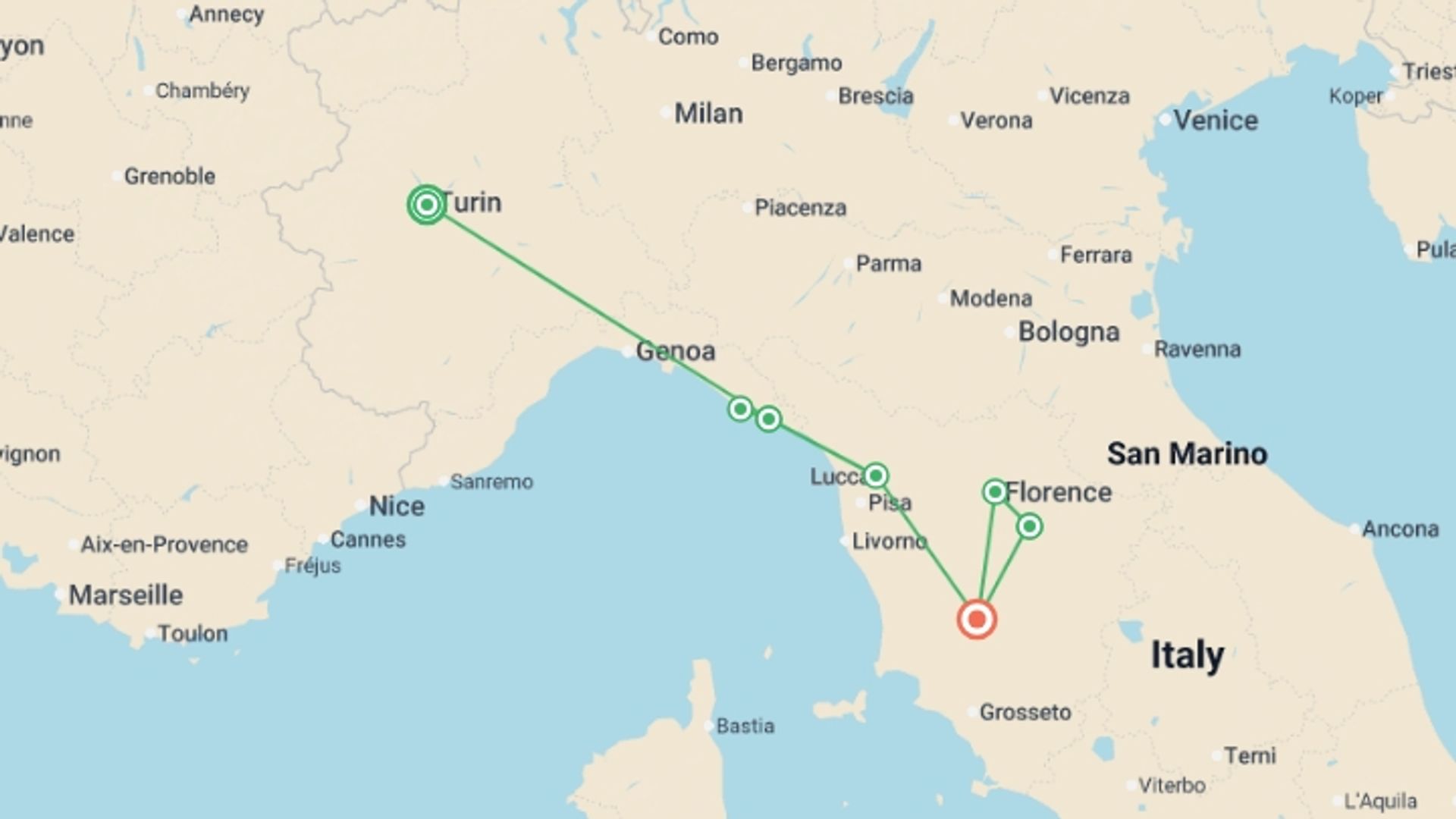 A map showing the tour itinerary for the trip: Tuscany and the Italian Riviera , starting in Turin, Italy and ending in Tuscany, Italy going through 0 other destinations.
