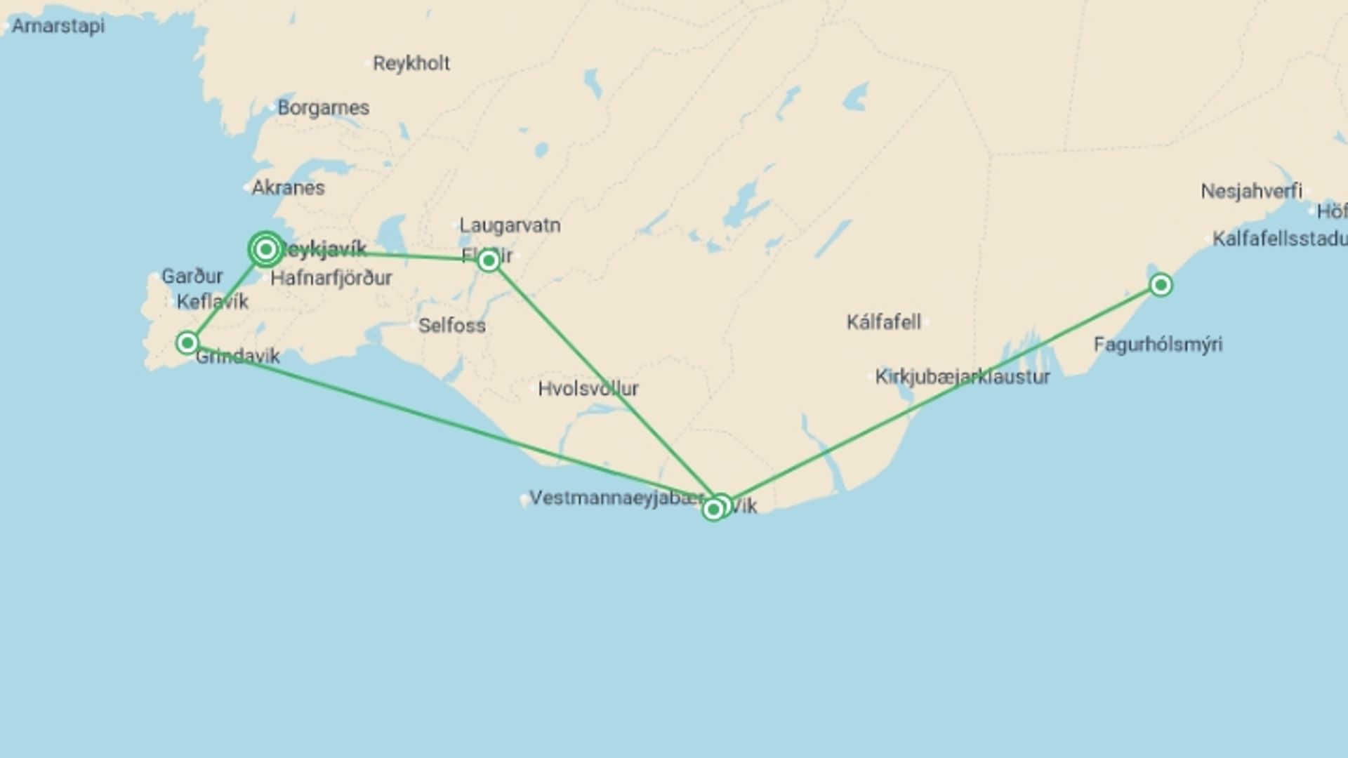 A map showing the tour itinerary for the trip: Iceland's Magical Northern Lights , starting in Reykjavik, Iceland and ending in Reykjavik, Iceland going through 1 other destinations.