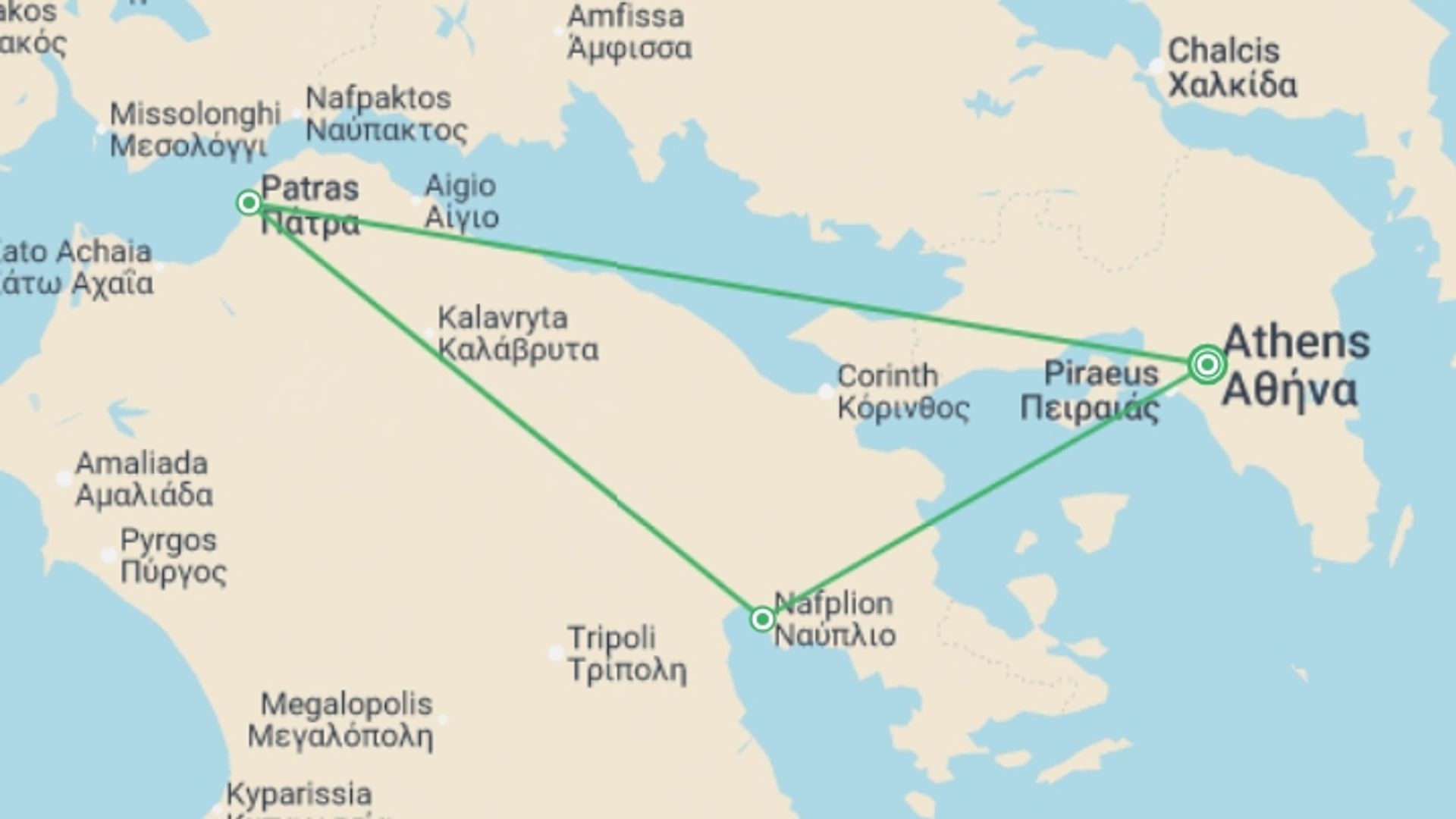 A map showing the tour itinerary for the trip: Peloponnese and Saronic Islands, starting in Athens, Greece and ending in Athens, Greece going through 2 other destinations.