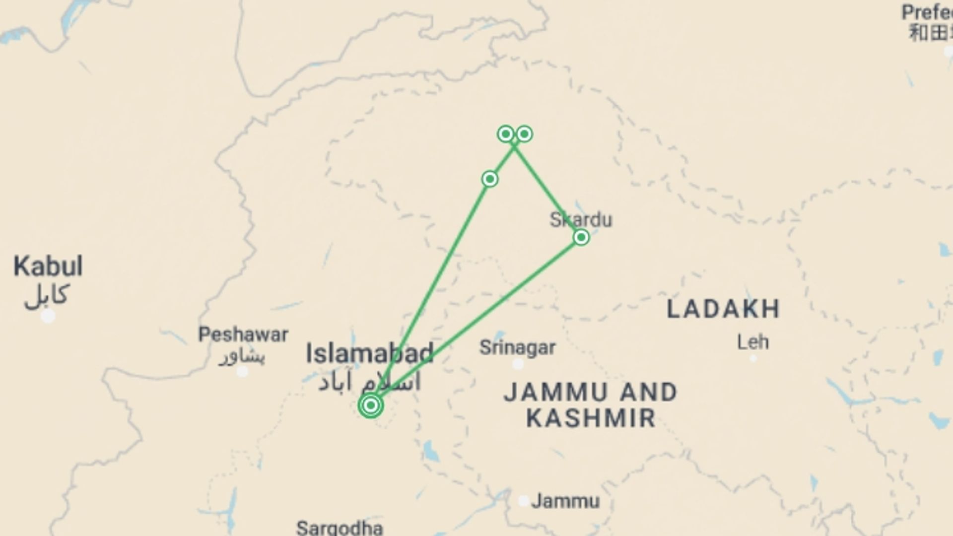 A map showing the tour itinerary for the trip: High Peaks of Pakistan, starting in Islamabad, Pakistan and ending in Islamabad, Pakistan going through 4 other destinations.