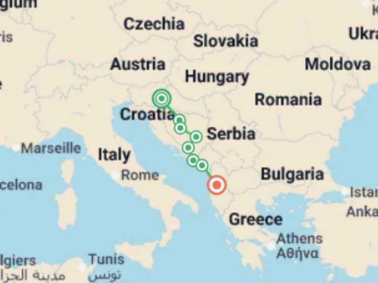 Map itinerary of Europe Tour in July 2026 with 4 destination visits for the trip: Balkan Dreams end Albania