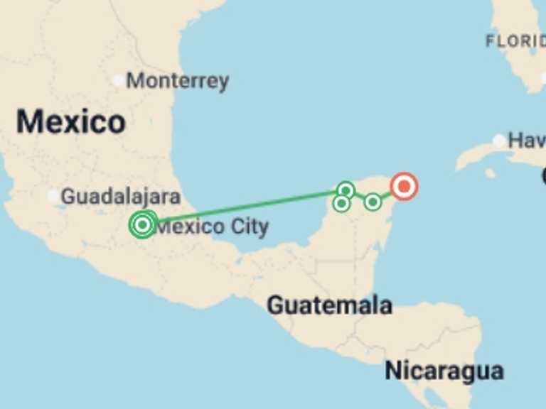 Map of North America Tour with 3 destination visits for the trip: Mexico City & Merida City (delight Mexican Cuisine)