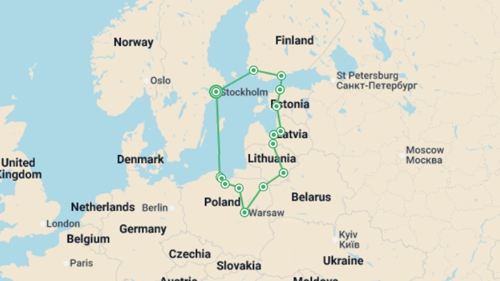 A map showing the tour itinerary for the trip: Baltic Capitals and Poland Start Stockholm, starting in Stockholm, Sweden and ending in Stockholm, Sweden going through 7 other destinations.