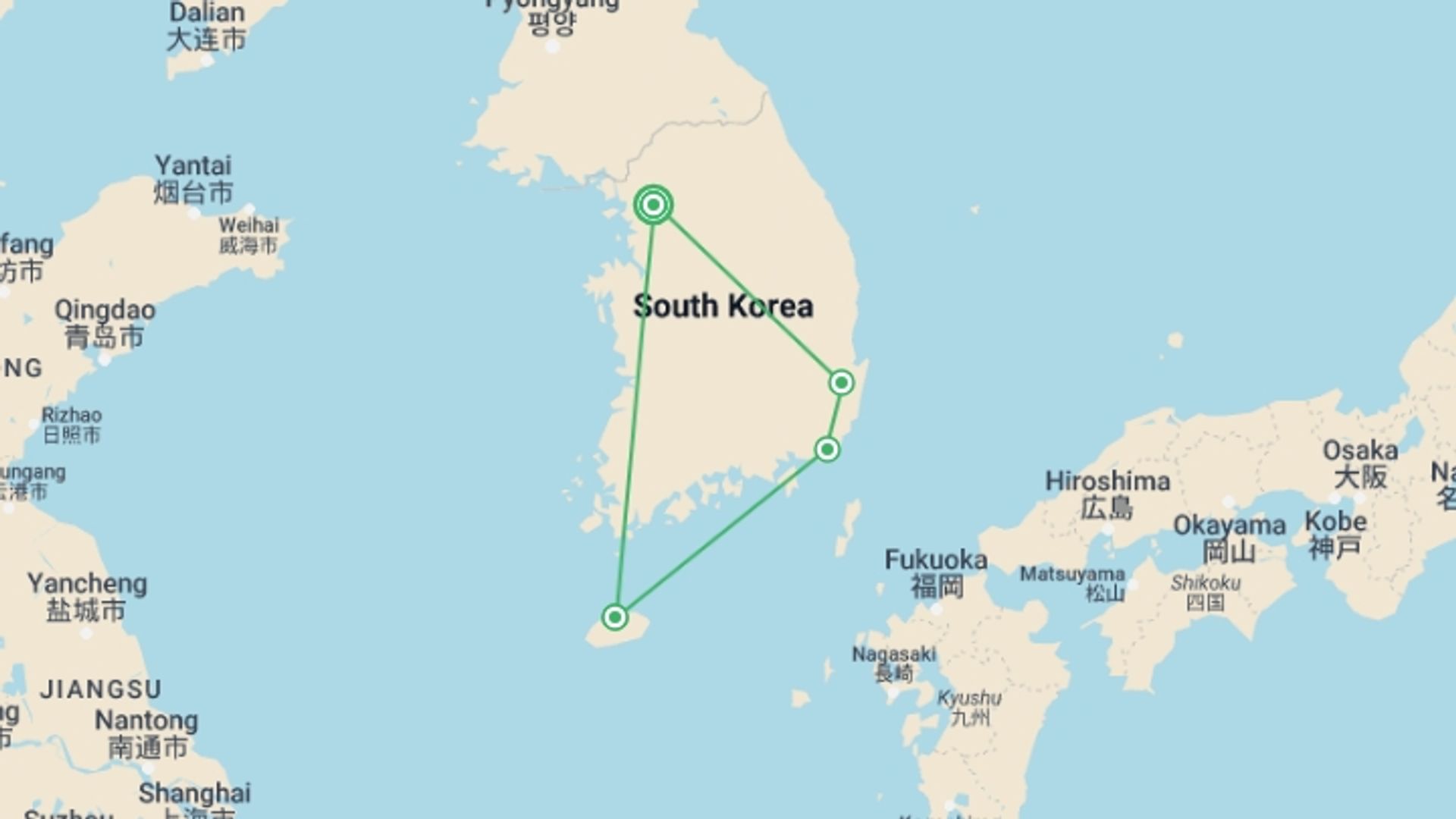 A map showing the tour itinerary for the trip: 9-Day Korea Classic Tour with Jeju Island, starting in Seoul, South Korea and ending in Seoul, South Korea going through 5 other destinations.