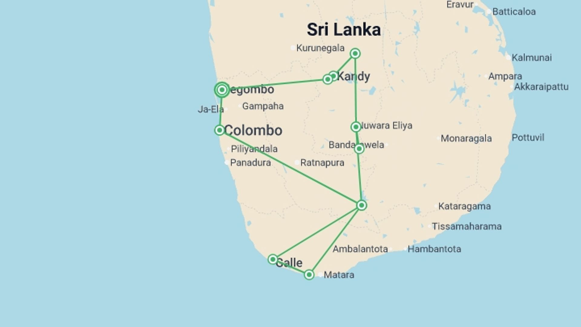 A map showing the tour itinerary for the trip: All In One Sri Lanka, Private Tour, starting in Negombo, Sri Lanka and ending in Negombo, Sri Lanka going through 4 other destinations.