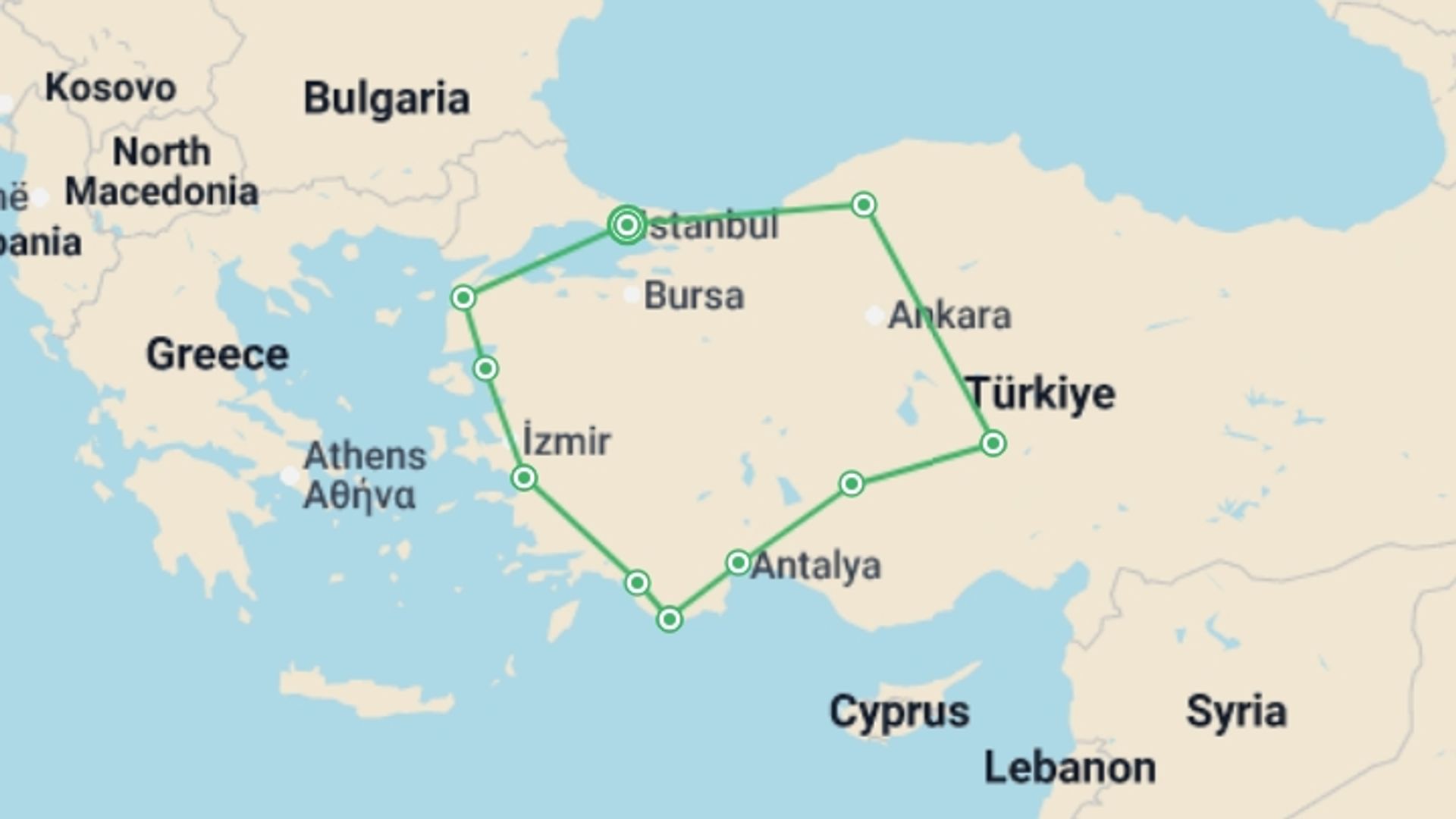 A map showing the tour itinerary for the trip: Highlights of Turkey, starting in Istanbul, Turkey and ending in Istanbul, Turkey going through 9 other destinations.