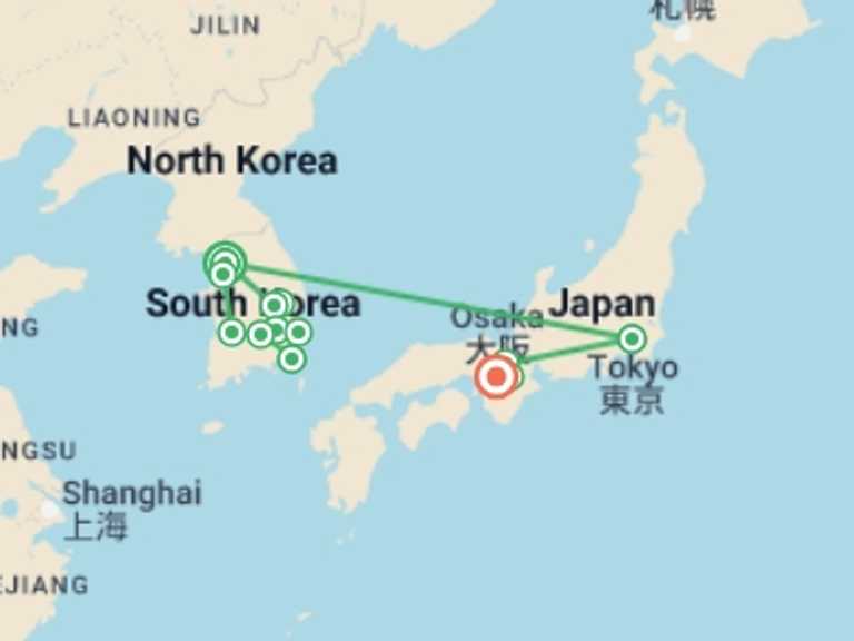 Map of 13-Day Osaka Tour with 7 destination visits for the trip: Complete Korea with Tokyo, Kyoto, and Osaka