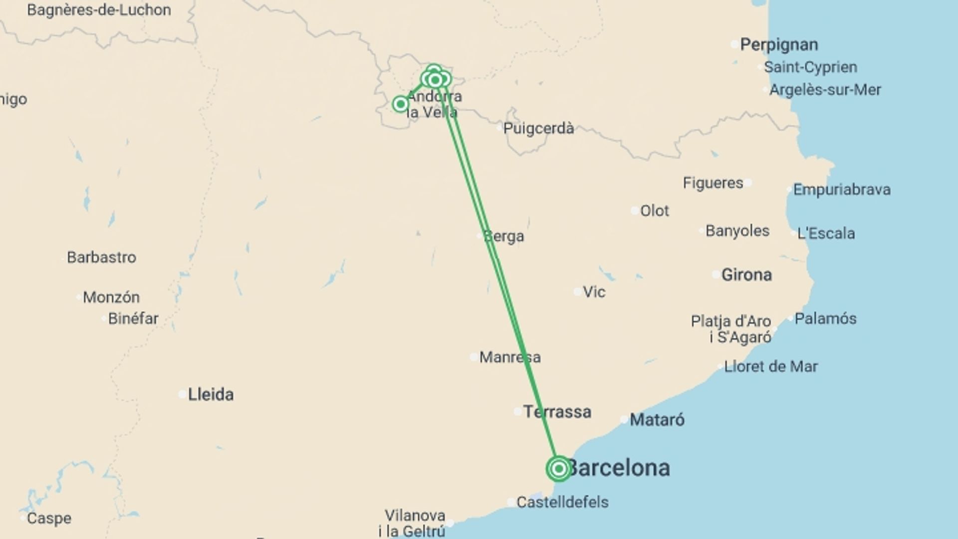 A map showing the tour itinerary for the trip: Walking in the Pyrenees, starting in Barcelona, Spain and ending in Barcelona, Spain going through 5 other destinations.