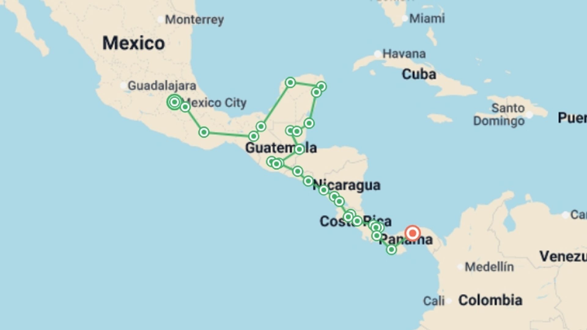 A map showing the tour itinerary for the trip: Ultimate Central America, starting in Mexico City, Mexico and ending in Panama City, Panama going through 28 other destinations.