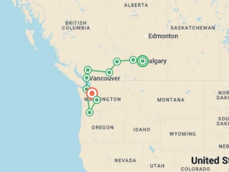 Map of Calgary Explorer Tour with 10 destination visits for the trip: Canadian Rockies & Pacific Northwest Adventure