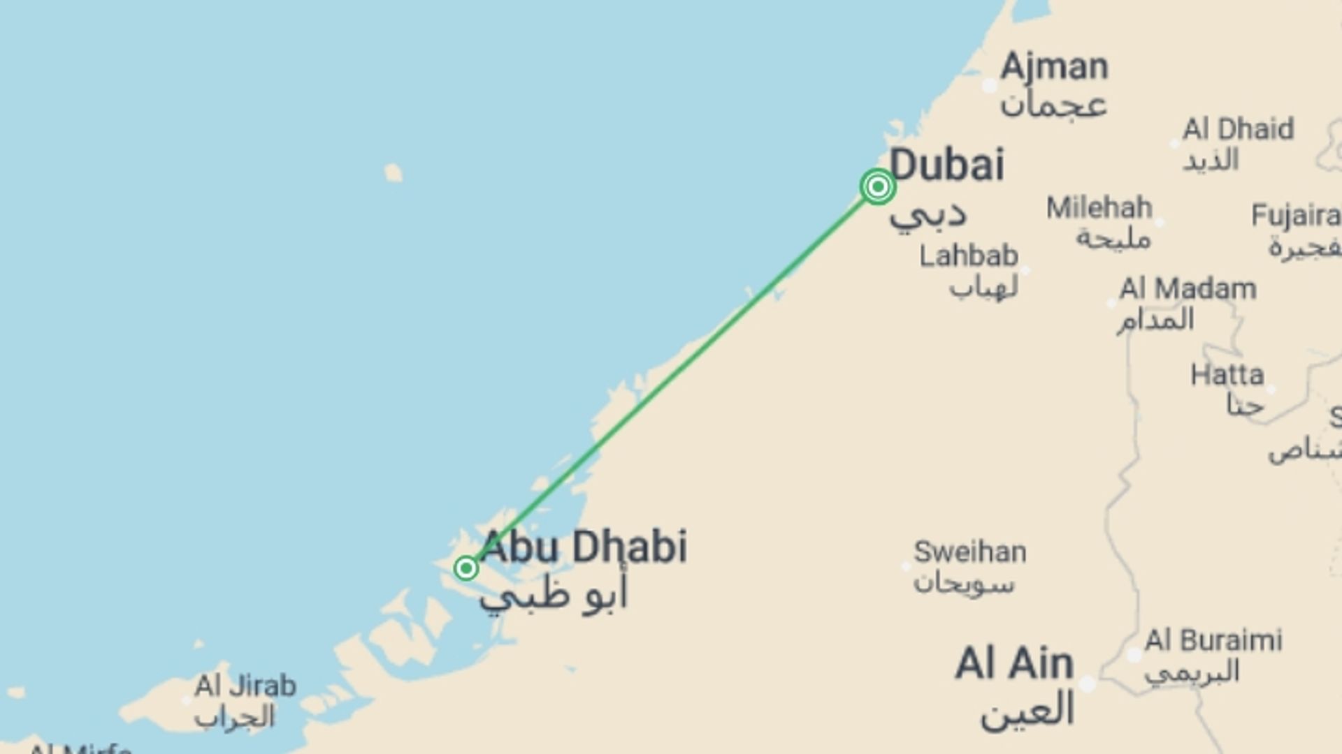 A map showing the tour itinerary for the trip: Dubai & Abu Dhabi Desert Safari (5 Star) - 4 days, starting in Dubai, UAE and ending in Dubai, UAE going through 1 other destinations.