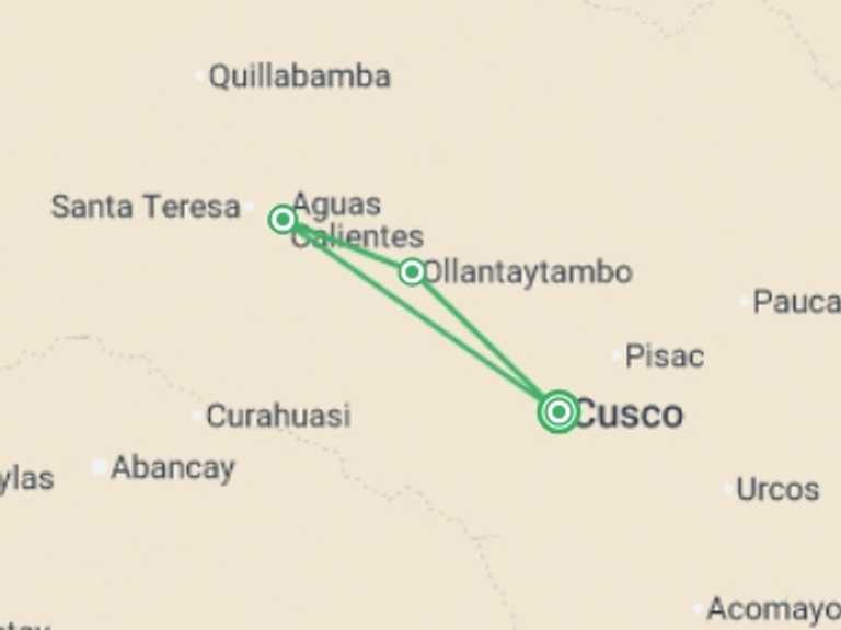 Map of 2-Day Peru Tour with 4 destination visits for the trip: Inca Trail Express Trek to Machu Picchu 2D/1N