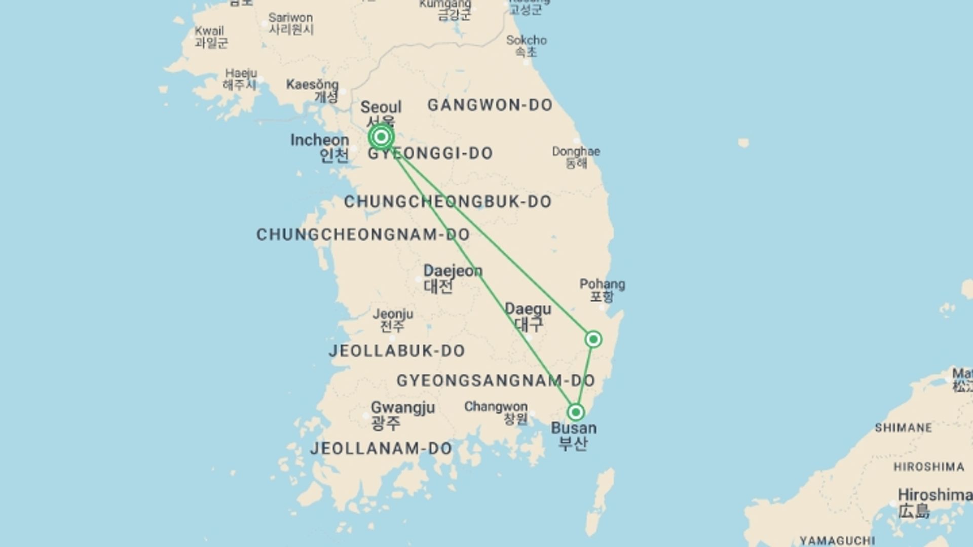 A map showing the tour itinerary for the trip: Solo-ish South Korea, starting in Seoul, South Korea and ending in Seoul, South Korea going through 2 other destinations.