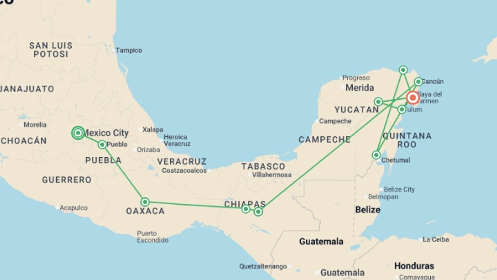 A map showing the tour itinerary for the trip: Viva Mexico, starting in Mexico City, Mexico and ending in Playa Del Carmen, Mexico going through 6 other destinations.