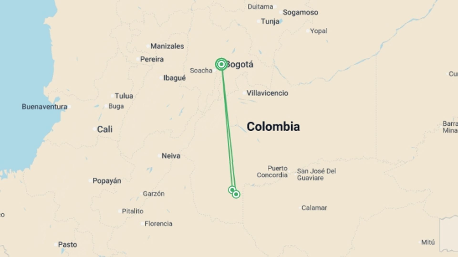 A map showing the tour itinerary for the trip: Bogota & Cano Cristales Experience 7D/6N, starting in Bogota, Colombia and ending in Bogota, Colombia going through 2 other destinations.