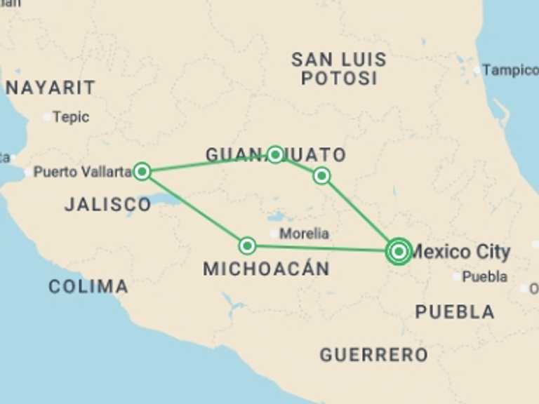 Map of North America Explorer Tour with 5 destination visits for the trip: Captivating Cities and Culture of Mexico - 9 days
