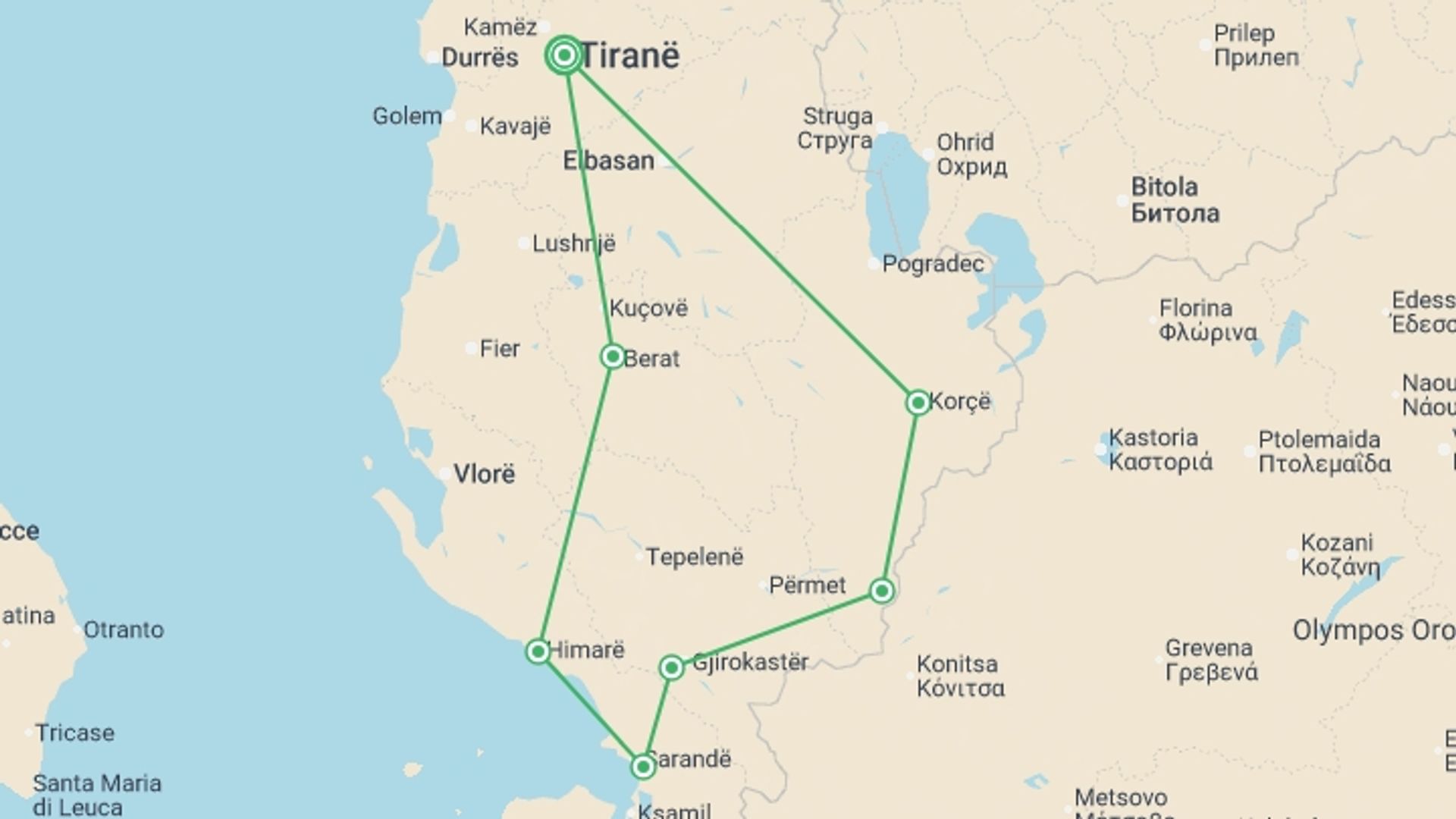 A map showing the tour itinerary for the trip: Cycle Albania, starting in Tirana, Albania and ending in Tirana, Albania going through 6 other destinations.