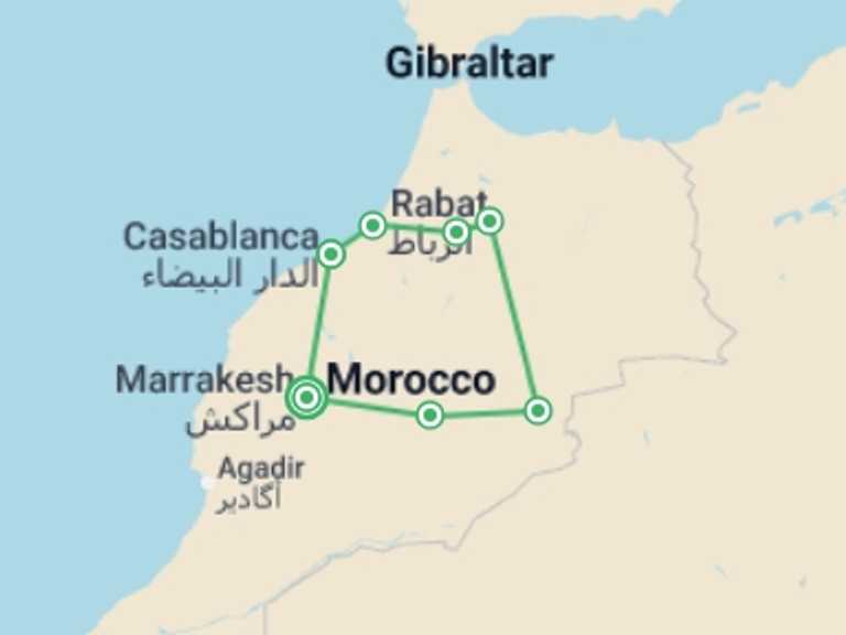 Map itinerary of Morocco Tour in July 2026 with 6 destination visits for the trip: Surprising Morocco