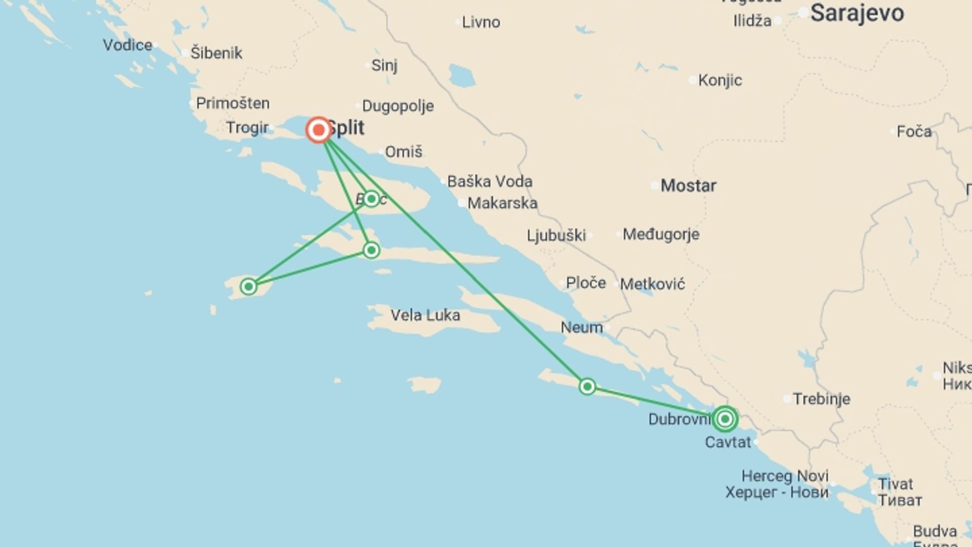 A map showing the tour itinerary for the trip: Croatia Sailing Adventure: Dubrovnik to Split, starting in Dubrovnik, Croatia and ending in Split, Croatia going through 4 other destinations.