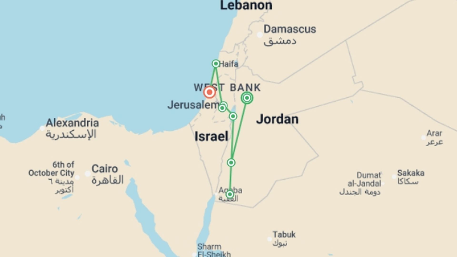A map showing the tour itinerary for the trip: Road to Jerusalem - 11 days, starting in Amman, Jordan and ending in Tel Aviv, Israel going through 8 other destinations.