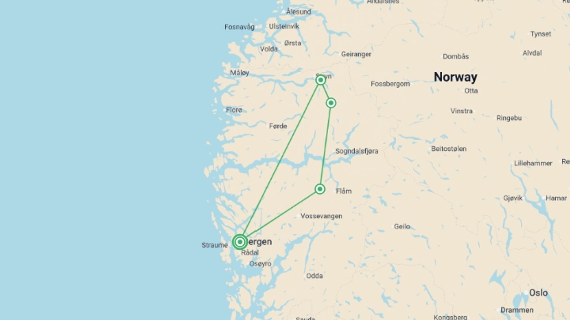 A map showing the tour itinerary for the trip: Norway: Hike, Bike & Kayak, starting in Bergen, Norway and ending in Bergen, Norway going through 3 other destinations.