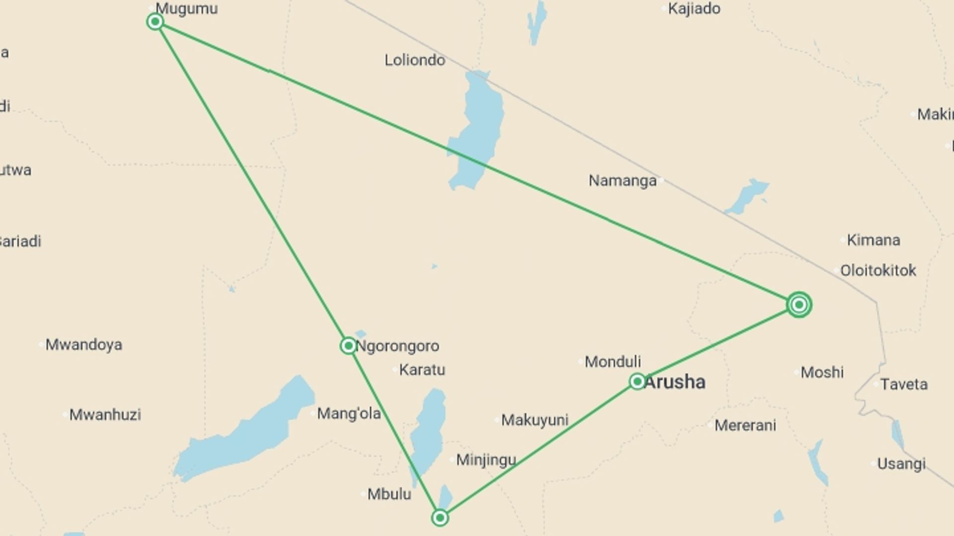 A map showing the tour itinerary for the trip: Tanzania Safari with Serengeti - Small Group, starting in Kilimanjaro, Tanzania and ending in Kilimanjaro, Tanzania going through 4 other destinations.