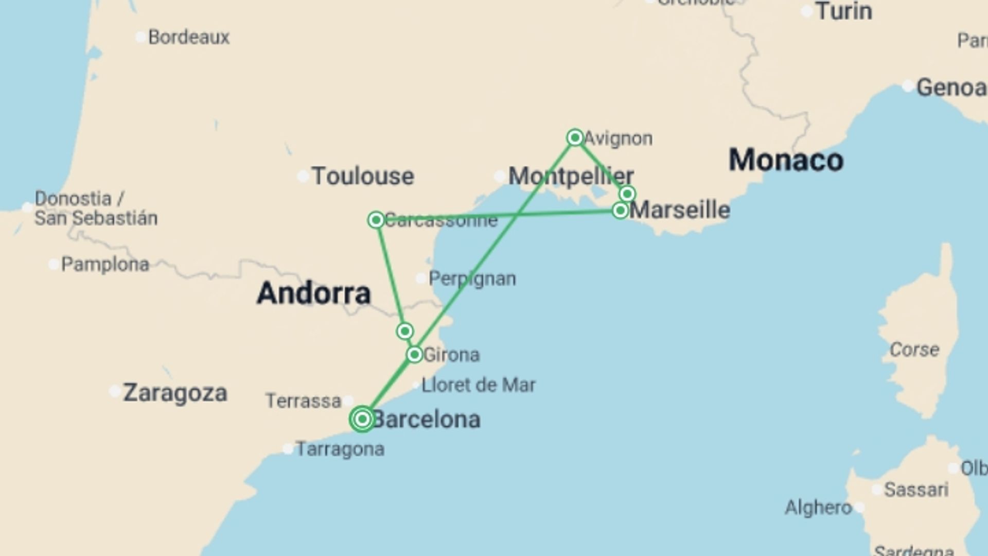 A map showing the tour itinerary for the trip: Catalonia, south of France and Provence, starting in Barcelona, Spain and ending in Barcelona, Spain going through 2 other destinations.